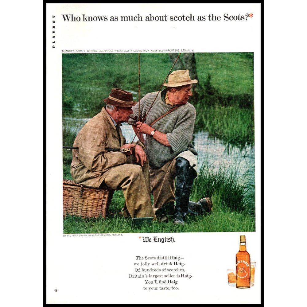 1965 Haig & Haig Scotch Vintage Print Ad Men Fishing River Stream Marsh Wall Art